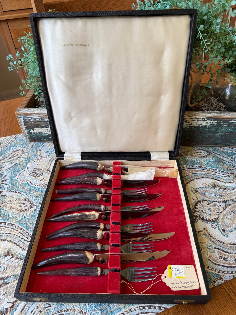 J Sanderson Stag Handle Steak Service Argyle Plate Sheffield 1950s Boxed